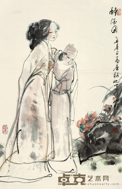 吴山明 乙丑（1985）年作 醉酒图 立轴 设色纸本 99×61cm