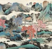 刘铜成 戊寅（1998）年作 依山傍水 立轴 设色纸本
