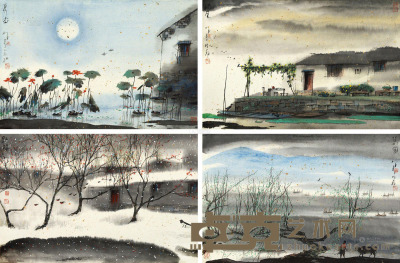 杨明义 四季风景 （四幅） 设色纸本 木板 43×66cm×4