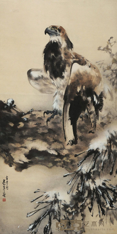 欧豪年 辛丑（1961）年作 雄鹰 立轴 设色纸本 134×66cm