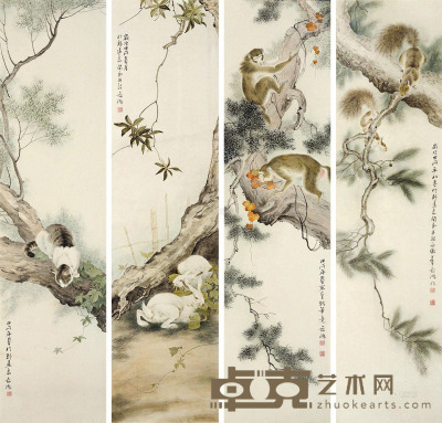 董希源 甲戌（1994）年作 动物 （四幅） 四屏镜片 设色纸本 133×33cm×4