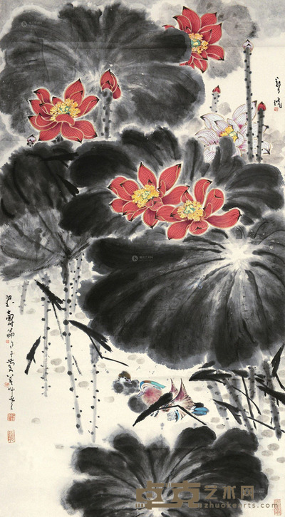 郑乃珖 荷花鸳鸯 立轴 设色纸本 151×83.5cm