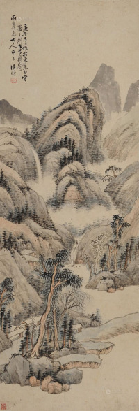汪昉 庚午（1870年）作 闲居观瀑 屏轴 设色纸本