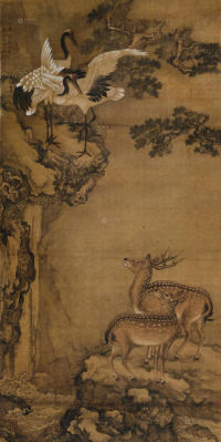沈铨 乙亥（1745年）作 鹤鹿同春 立轴 设色绢本