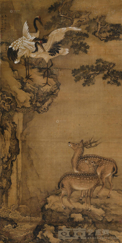 沈铨 乙亥（1745年）作 鹤鹿同春 立轴 设色绢本 190×95.5cm
