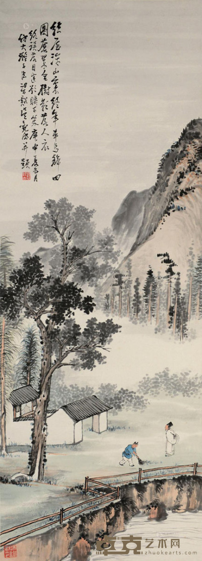 吴观岱 庚申（1920年）作 幽居图 屏轴 设色纸本 114×41cm