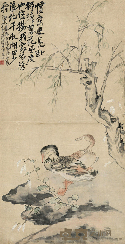 李鱓 柳塘双鸭 镜片 设色纸本 129×66.5cm