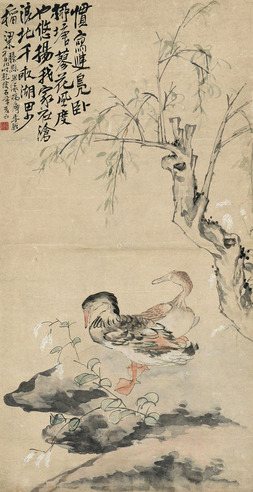 李鱓 柳塘双鸭 镜片 设色纸本