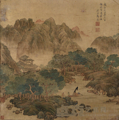 高简 戊午（1678年）作 深山会友 金笺 设色纸本 59×58cm