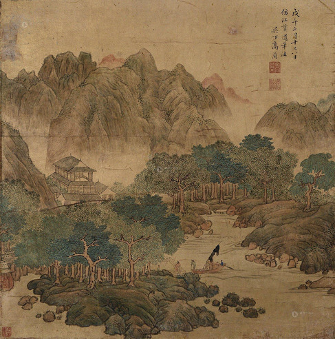 高简 戊午（1678年）作 深山会友 金笺 设色纸本