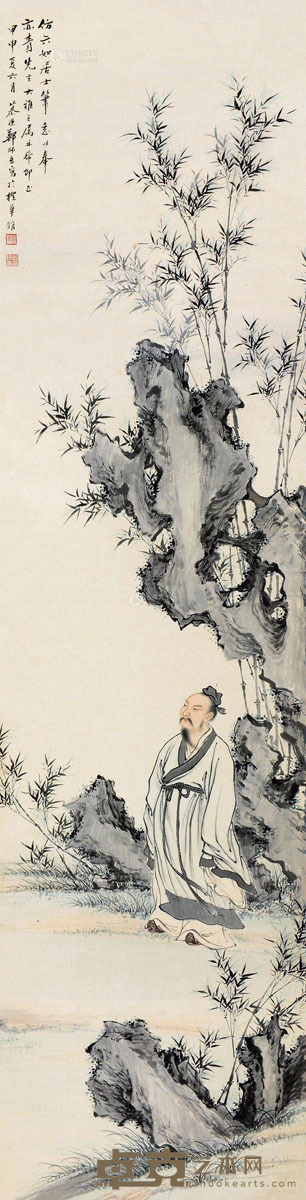 郑慕康 甲申（1944）年作 竹林高士 立轴  设色纸本 151.5×38cm