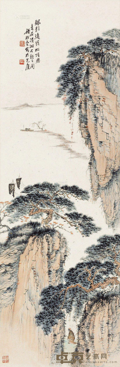钱松嵒 秋山行旅 立轴 设色纸本 101.5×33.5cm