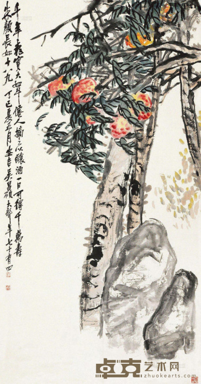 吴昌硕 丁巳（1917）年作 千年桃实 立轴 设色纸本 177×92cm