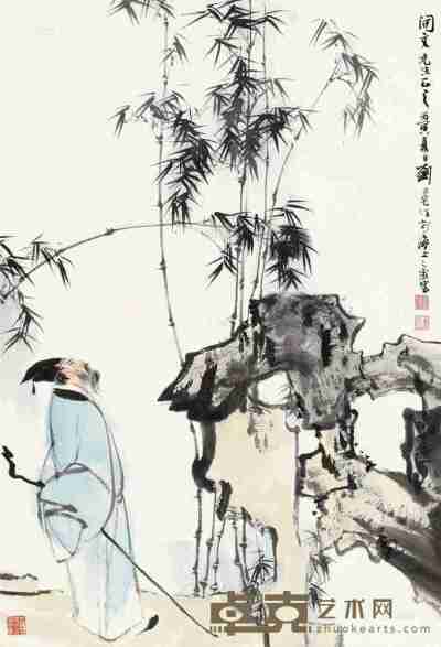 刘旦宅 丙寅（1986）年作 竹林高士 镜片 设色纸本 68.5×47cm