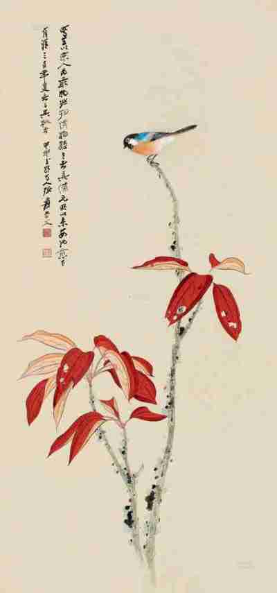 张大千 甲申（1944）年作 红叶青禽 立轴 设色纸本