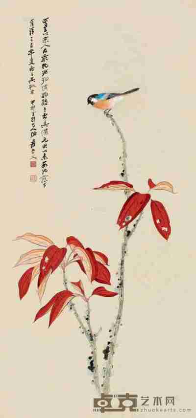 张大千 甲申（1944）年作 红叶青禽 立轴 设色纸本 98×46cm