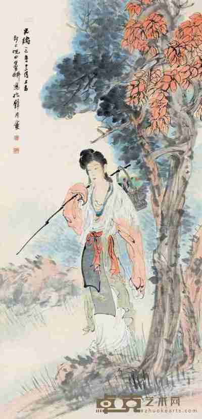 倪田 乙巳（1905）年作 采药仕女 立轴 设色纸本 137×66.5cm