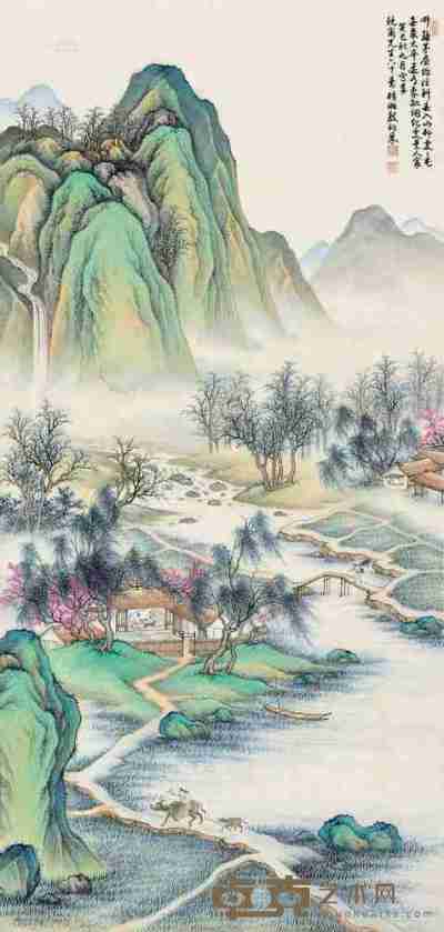 殷梓湘 癸巳（1953）年作 春山闲趣 立轴 设色纸本 139.5×66.5cm