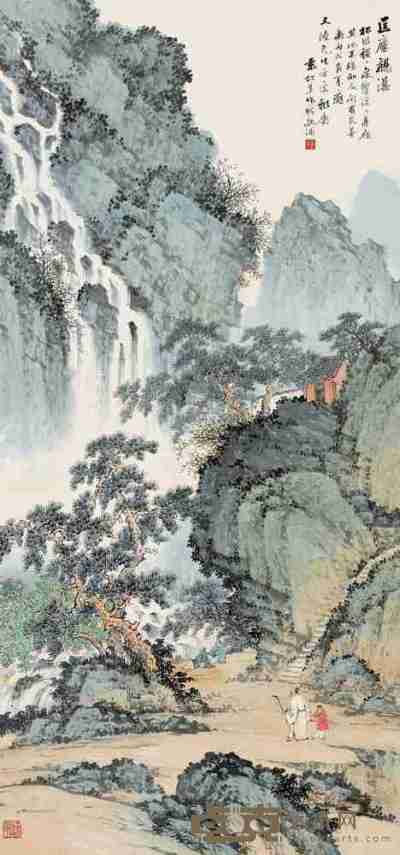 袁松年 丙戌（1934）年作 匡庐观瀑 立轴 设色纸本 96×44cm