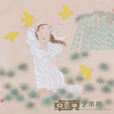 马小娟     1992年作 鸽戏 设色纸本 70×70.4cm