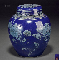 近代 一香造蓝釉花开富贵瓷茶叶罐