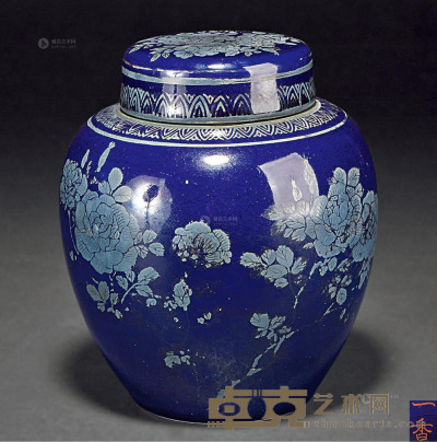 近代 一香造蓝釉花开富贵瓷茶叶罐 宽14cm；高16cm