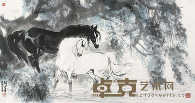 刘旦宅     1981年作 柳荫双俊图 镜片 设色纸本 93×178cm