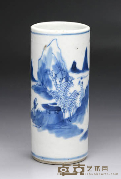 青花山水人物笔筒