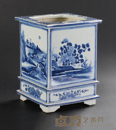 青花开光方卷筒 