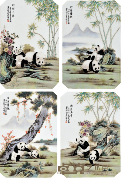 竹林之乐熊猫瓷板画一套四张 38cm×25.5cm×4