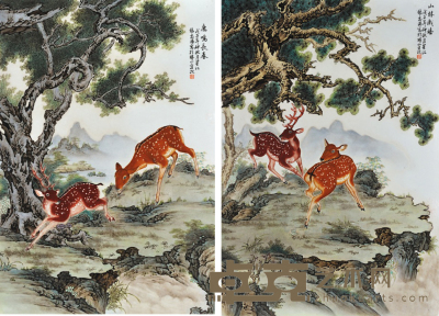 鹿鸣长春瓷板画一套两张 55.5cm×38.5cm×2