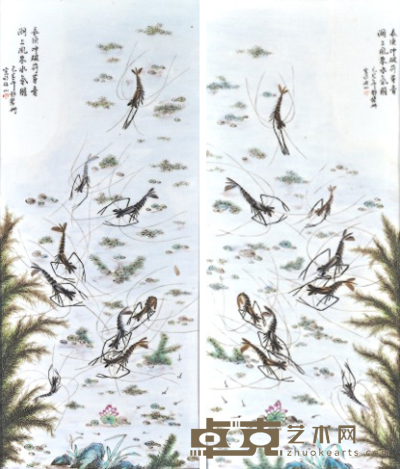 虾趣图瓷板画一对 63cm×28cm×2