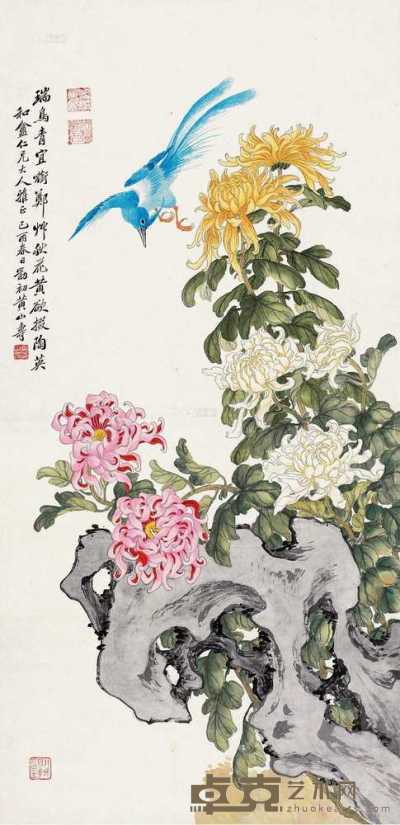 黄山寿     1909年作 菊花瑞鸟 120×58cm