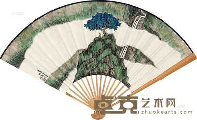 罗青 2012年作 松荫罗汉并篆书 成扇 18×47cm