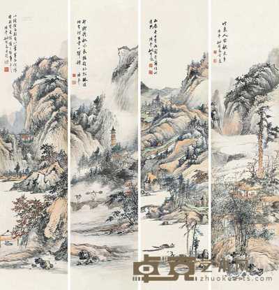 姚钟葆 1916年作 山水 (四幅) 四屏 138×33cm×4