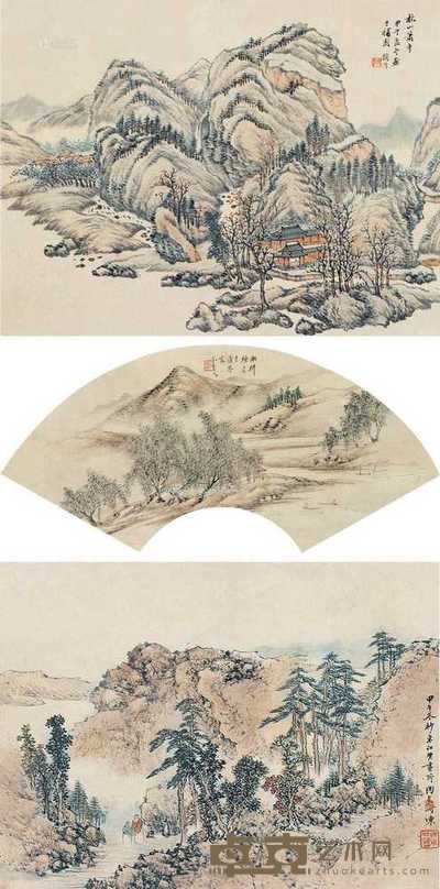 顾若波 吕浩 陶焘 1894年作 秋山萧寺 柳荫清居 松林访友 顾34×45cm;吕21×56cm;陶34×45cm