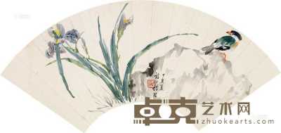许士骐     1947年作 蝴蝶花翠鸟 扇片 18×53cm