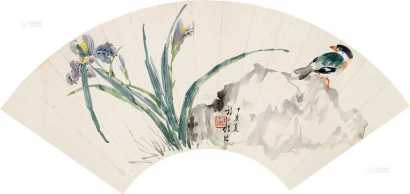 许士骐     1947年作 蝴蝶花翠鸟 扇片