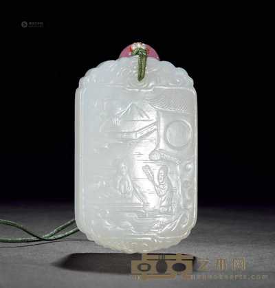 清 白玉雕人物故事纹牌 长5.0cm;宽3.0cm