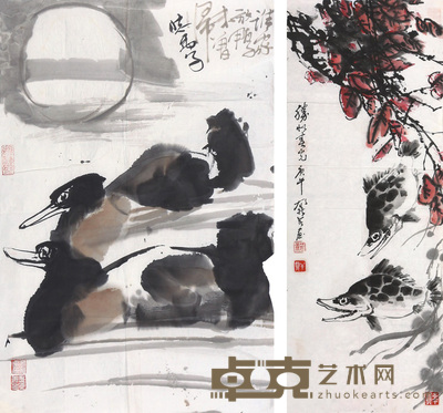 牛若鼎、晓禹 花鸟二幅 43×67cm 34×90cm