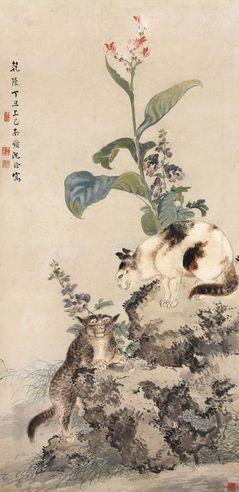 沈铨     1757年作 秋花双猫图