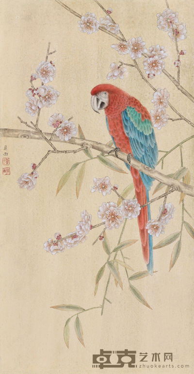 陈贝西 桃花鹦鹉 镜片 设色纸本 67×34cm