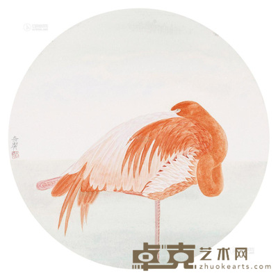 杨立奇 火烈鸟 卡纸镜片 设色纸本 直径32cm
