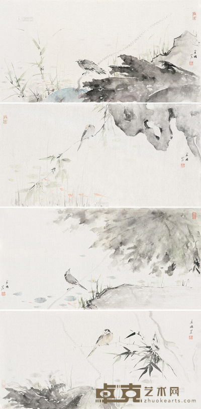 李金国 写意花鸟 镜心 设色纸本 36×68cm×4