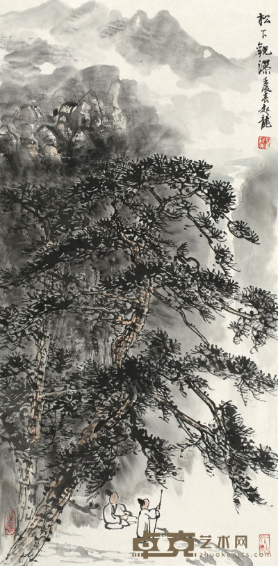 苏起龙 松下观瀑 托片 34×70cm