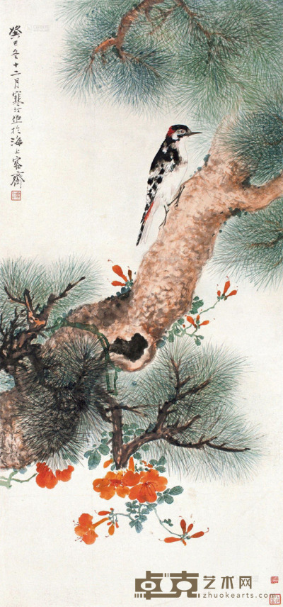 江寒汀 癸巳1953年作 松树幽禽 镜片 设色纸本 96×44.5cm