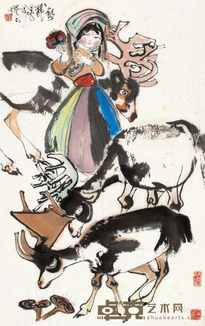 程十发 禄寿连连 镜片 设色水墨 72.5×44.5cm