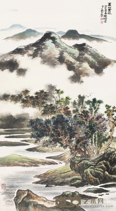 程十发 丙子1996年作 夏山云水 立轴 设色纸本 126×68cm