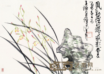 陈佩秋 乙丑1985年作 兰石图 镜片 设色纸本 37.5×53cm
