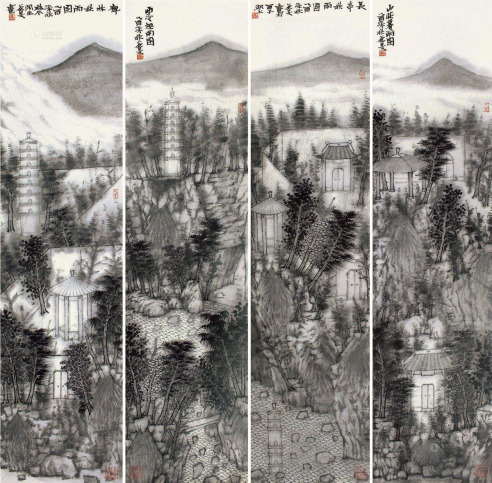 张谷旻 乙酉2005年作 山水 镜片 四屏 纸本